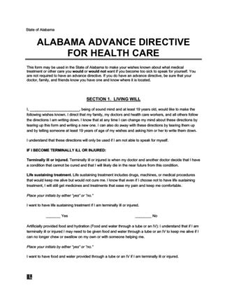 Free Alabama Advance Directive Form PDF WORD
