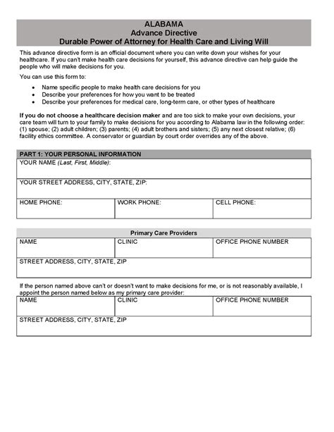 Free Alabama Advance Directive Form PDF eForms
