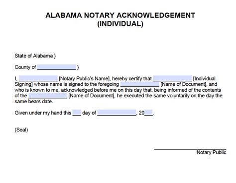 Free Alabama Notary Acknowledgement Forms PDF Word