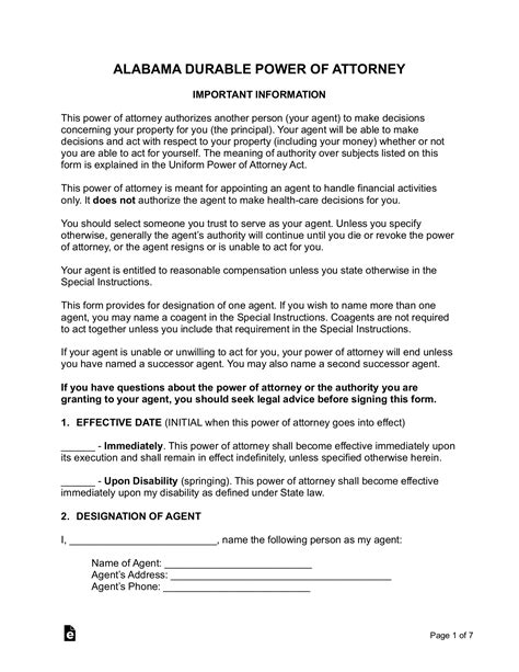 Free Alabama Power of Attorney Forms PDF