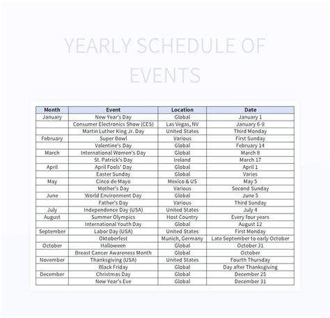 Free Annual Events Templates For Google Sheets And Microsoft Excel