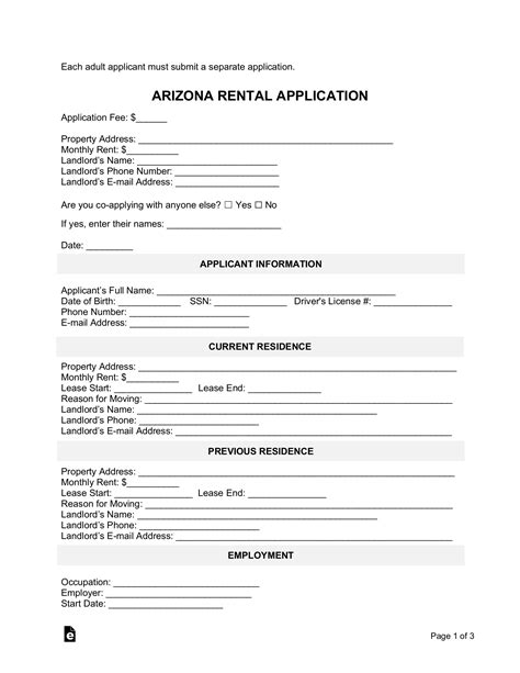 Free Arizona Rental Application Form PDF Word eForms