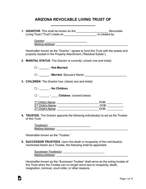 Free Arizona Revocable Living Trust Form PDF Word eForms Free