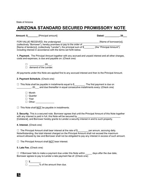 Free Arizona Secured Promissory Note Template Word PDF eForms Free Fillable Forms