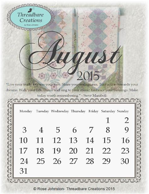 Free August Calendar Threadbare Creations