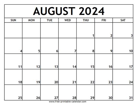 Free August Printable Calendar
