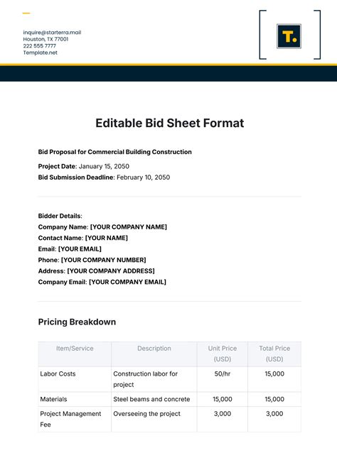 Free Bid Sheet Template Database
