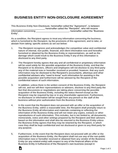 Free Business (Sale) NonDisclosure Agreement (NDA) Template PDF