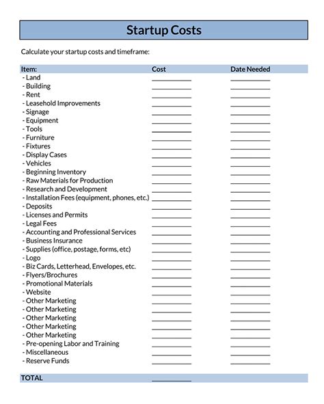 Free Business Start Up Costs Template