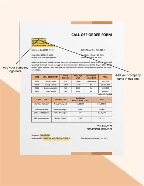 Free Call Off Order Form (Software Development & Licensing) Template