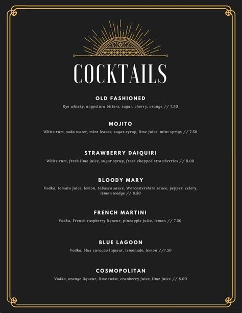 Free Cocktail Menu Template