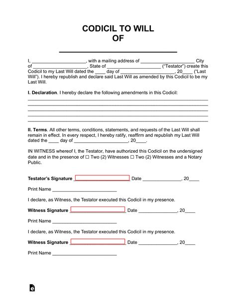 Free Codicil to Will Form PDF Word eForms