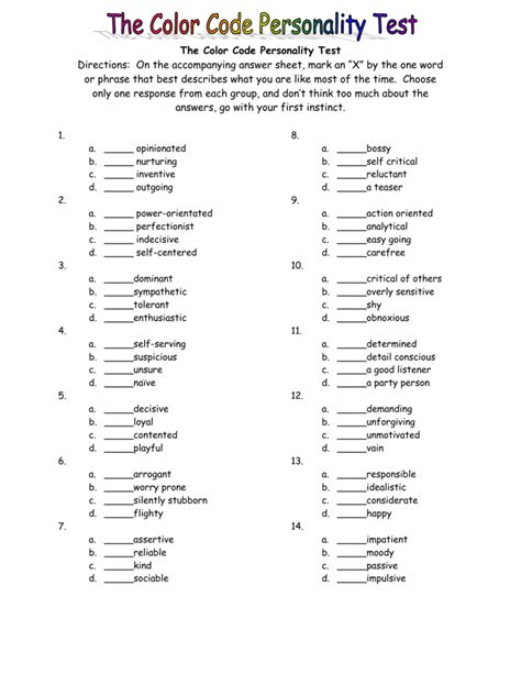 Free Color Code Personality Test Printable Printable Templates