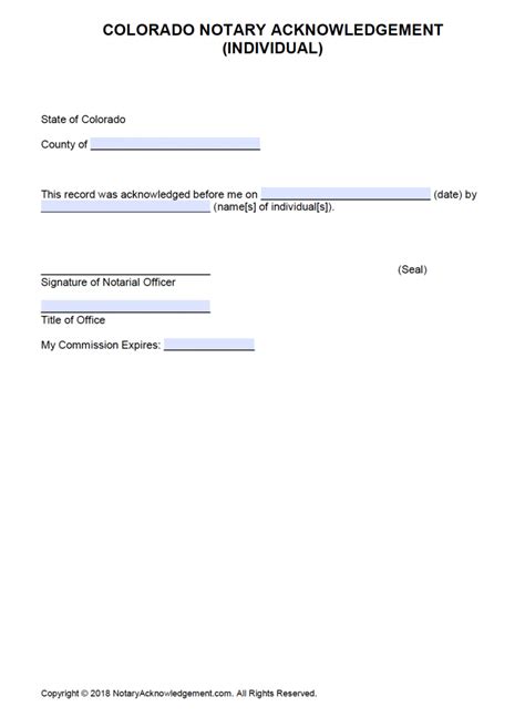 Free Colorado Notary Acknowledgment Form PDF Word