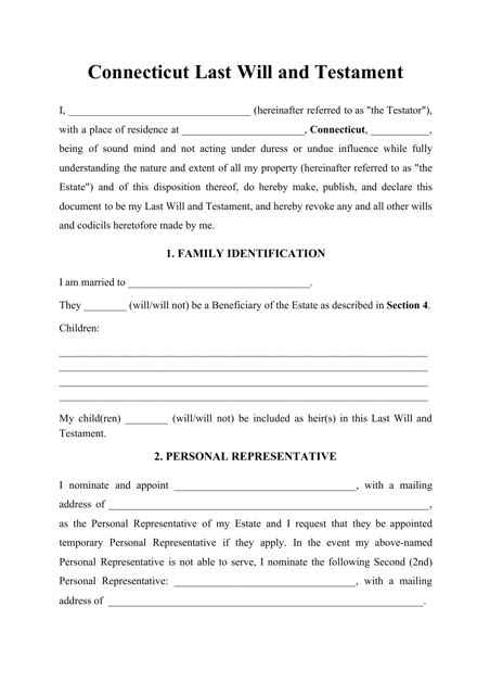 Free Connecticut Last Will and Testament Template PDF Word eForms