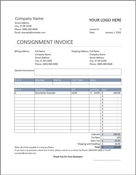 Free Consignment Invoice Template Pdf Word Excel