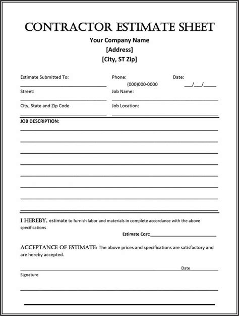 Free Contractor Estimate Forms Contractor Estimate Form