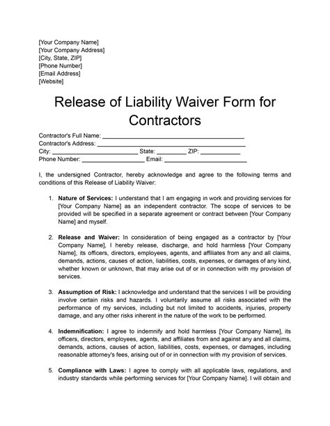 Free Contractor Liability Waiver Form Form Resume Examples v19xNgZV7E