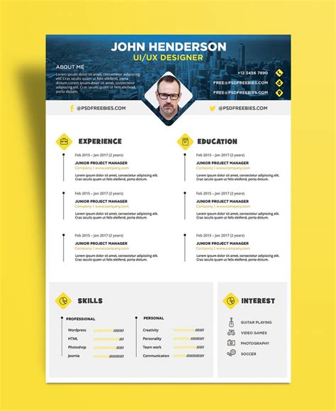 Free Creative Resume (CV) Design Template For UI / UX Designer PSD File