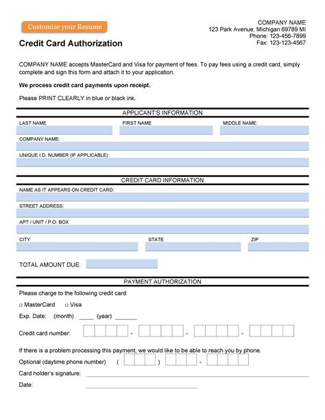 Free Credit Card Authorization Form Template Calep in Credit Card On