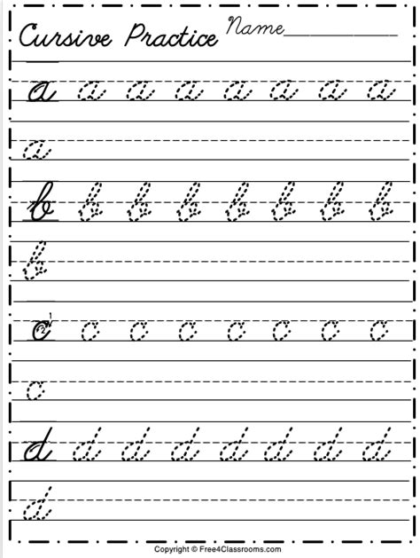 Free Cursive Alphabet Worksheet Letters A To D Free4classrooms