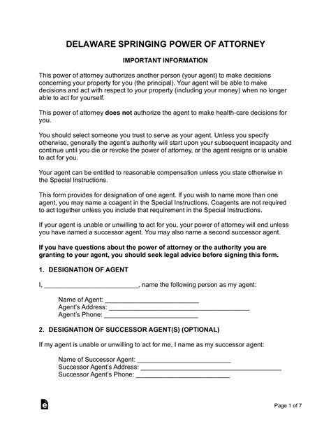 Free Delaware Springing Power of Attorney Form PDF WORD RTF