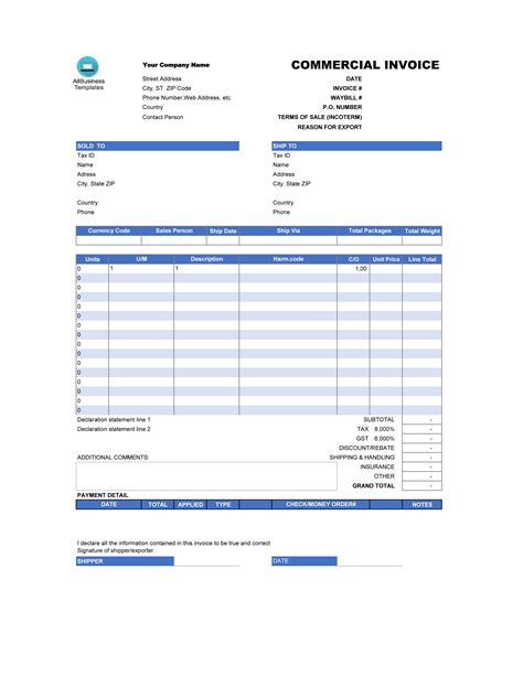 Free Editable Modern Commercial Invoice Template in Excel Sheet