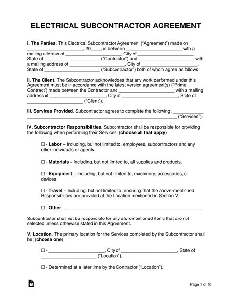 Free Electrical Subcontractor Agreement Template Pdf Word Eforms