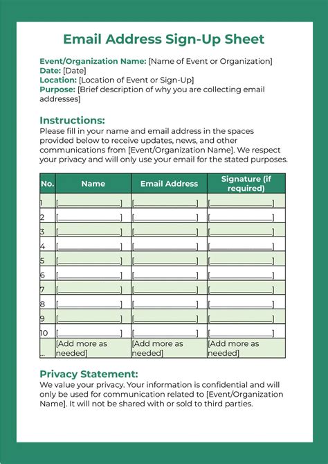 Free Email Address Sign Up Sheet Template For Google Docs