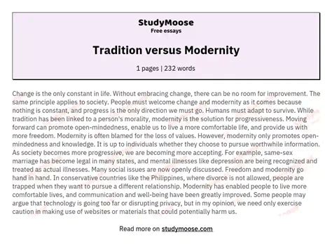 Free Essay: Tradition vs Modernity - 1384 Words Studymode