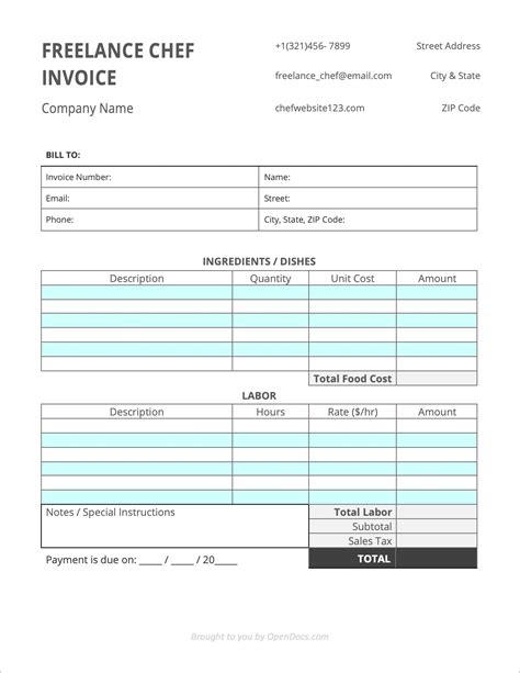 Free Freelance Chef Invoice Template Pdf Word Excel