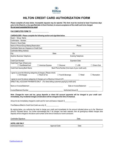Free Hilton Credit Card Authorization Form PDF Word eForms