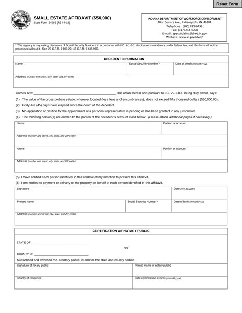 Free Indiana Small Estate Affidavit Form 49284 PDF eForms