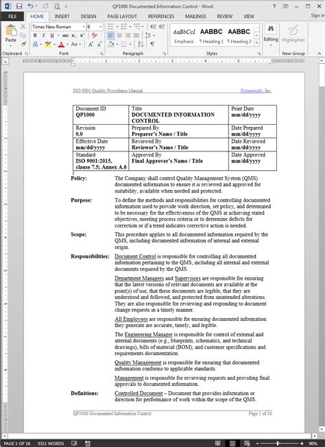 Free Iso 9001 Document Control Procedure Template