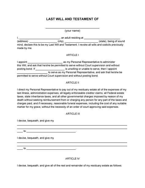 Free Last Will and Testament Form - PDF Word