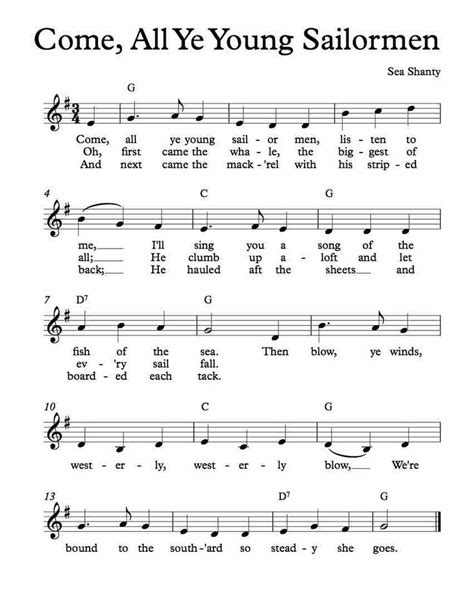 Free Lead Sheet Come, All Ye Young Sailormen Sea shanties, Pirate