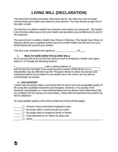Free Living Will Form PDF Word eForms