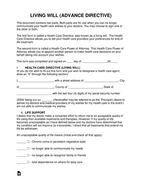 Free Living Will Forms Templates Advance Directive Medical Poa