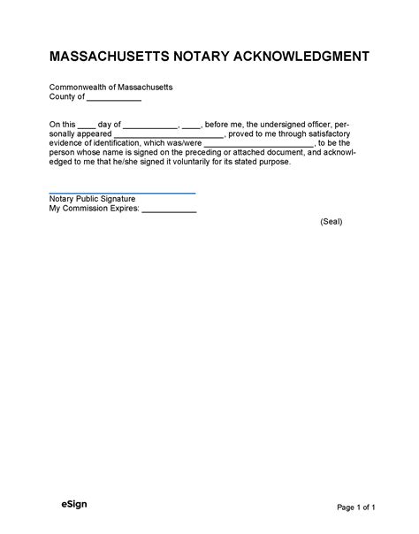 Free Massachusetts Notary Acknowledgment Form PDF Word