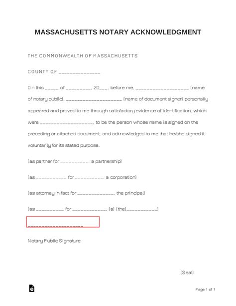 Free Massachusetts Notary Acknowledgment Form PDF Word eForms