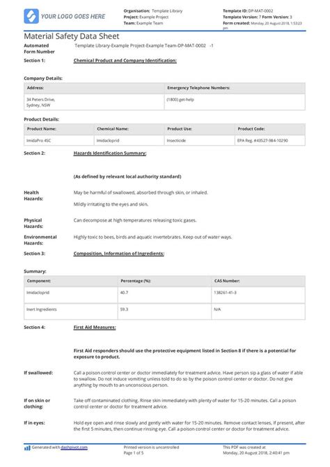 Free Material Safety Data Sheet Template Better Than Word Excel Pdf