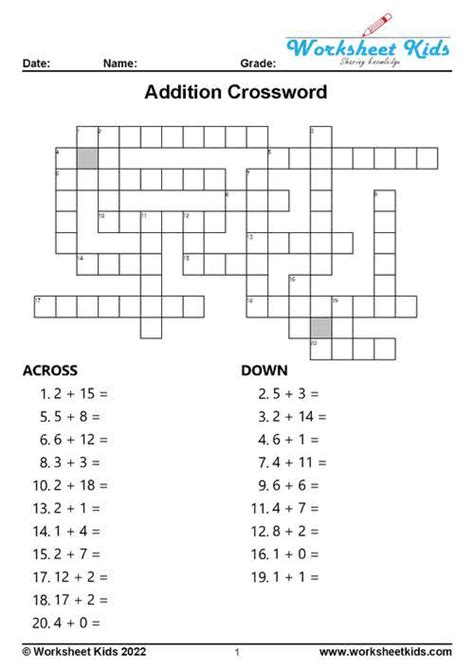 Free Math Puzzles Addition And Subtraction Printable Crossword