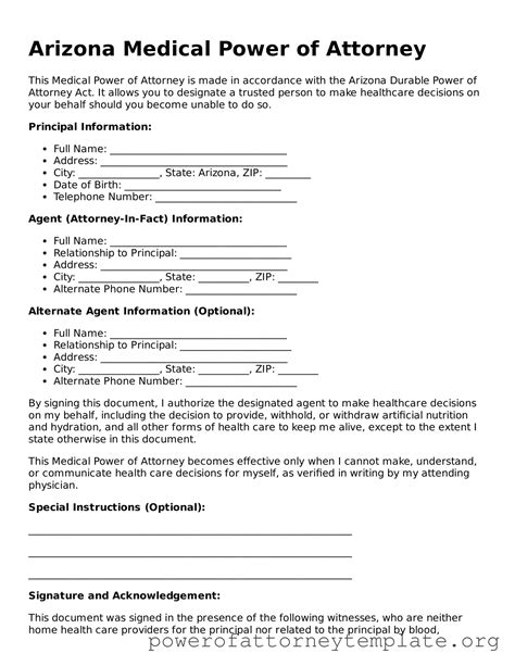 Free Medical Power of Attorney Arizona Form PDF