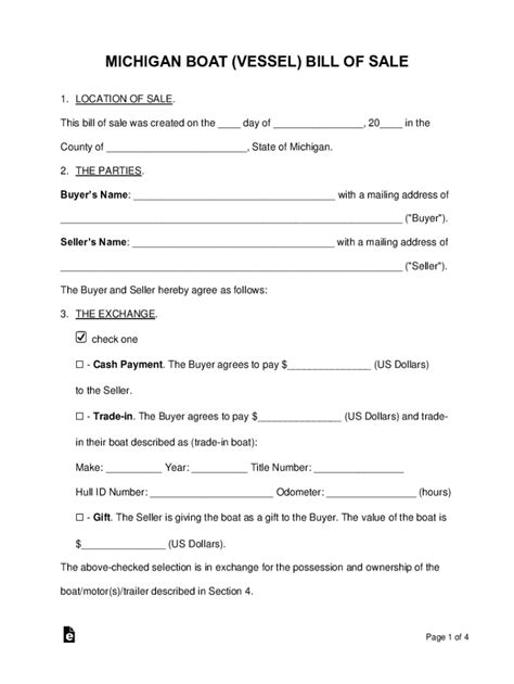 Free Michigan Boat Vessel Bill Of Sale Form Pdf