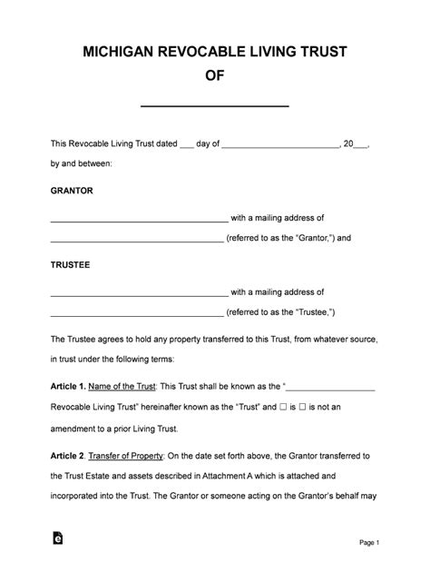 Free Michigan Revocable Living Trust Form PDF Word eForms