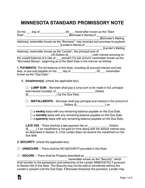 Free Minnesota Promissory Note Templates (2) - Word