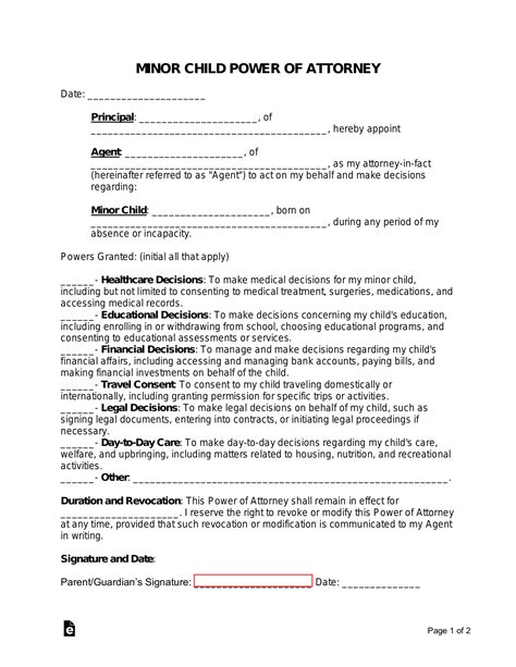 Free Minor Child Power of Attorney Form PDF Word eForms