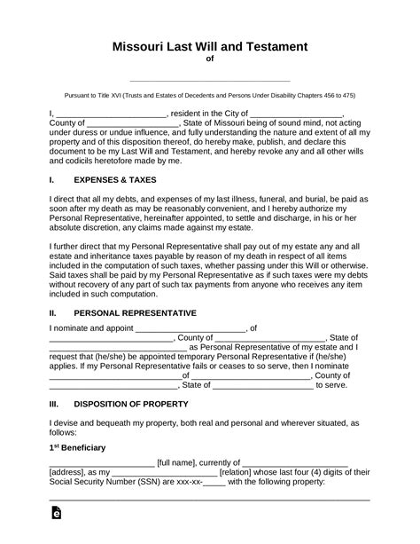 Free Missouri Last Will And Testament Templates Pdf Docx Formswift