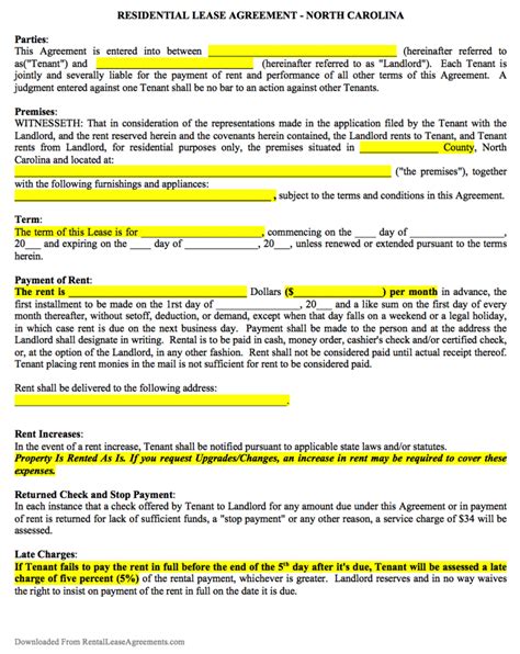 Free North Carolina Rental Lease Agreement Templates Pdf