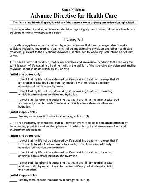 Free Oklahoma Advance Directive Form PDF eForms